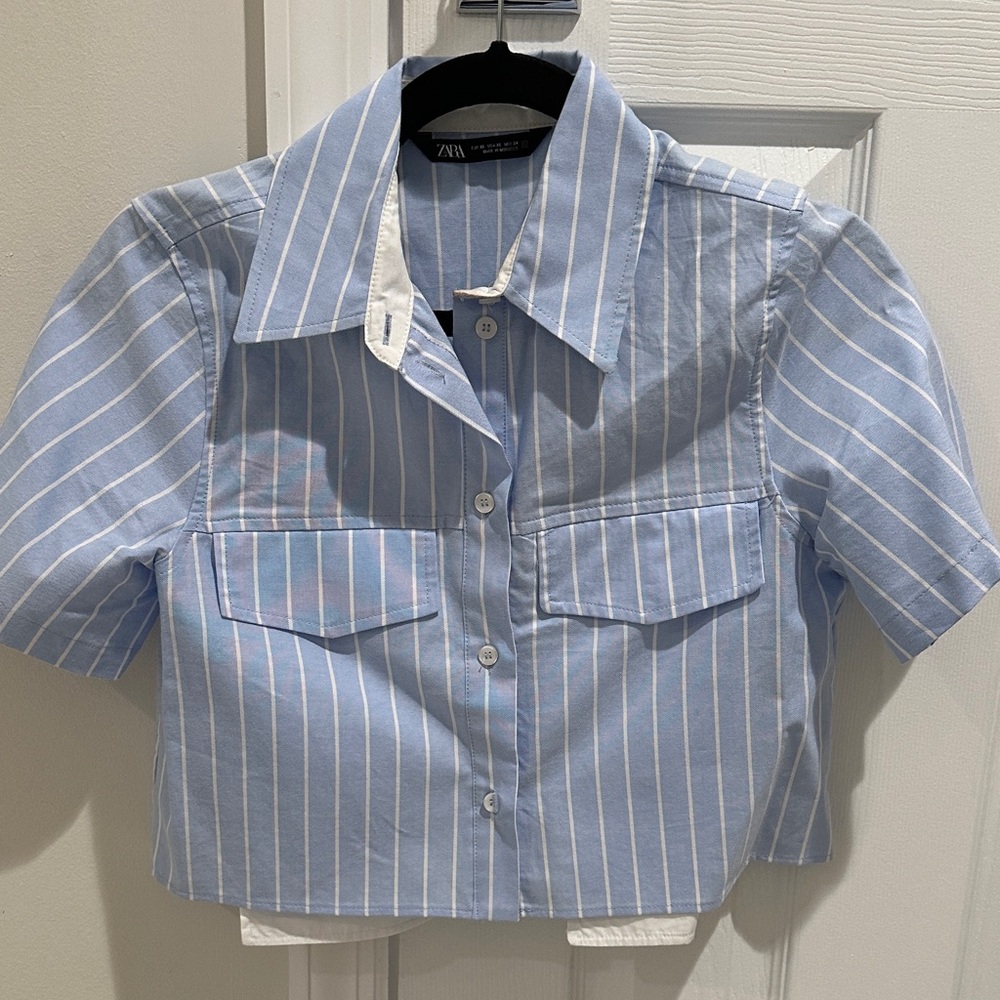 Zara Light Blue and White Striped Button Down Shirt